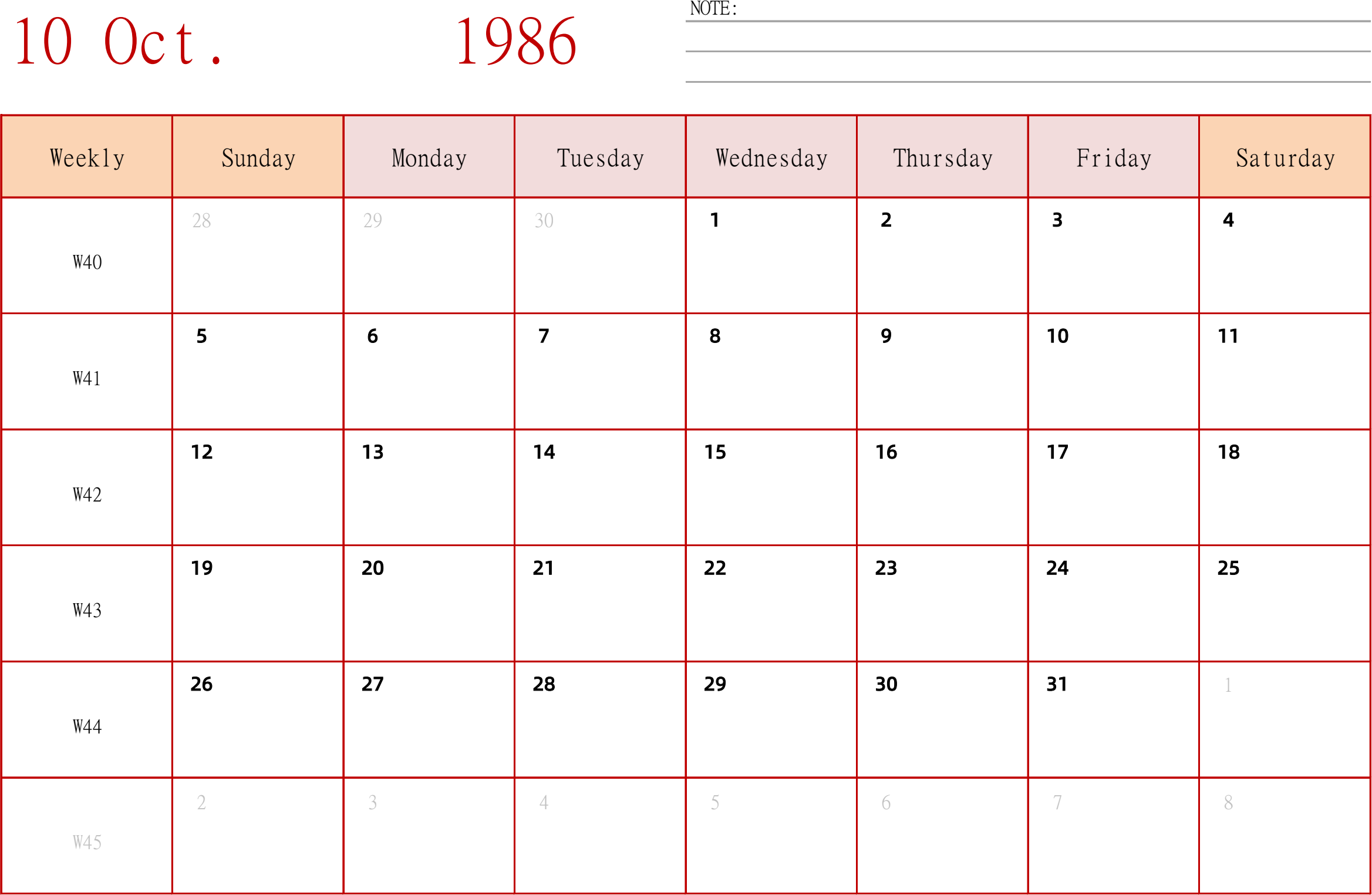 日历表1986年日历 英文版 横向排版 周日开始 带周数
